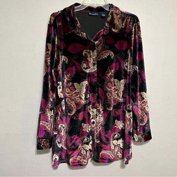 Vintage Y2K Denim & Co Floral Paisley Button Up Velvet Top Size 1X Whimigoth - Picture 4 of 10